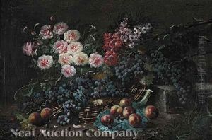 Still Life With Pink Peonies And Grapes by Modeste Carlier