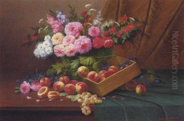 Summer Flowers With A Box Of Peaches And Grapes On A Draped Table - view 1