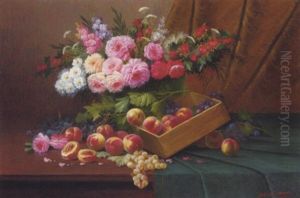Summer Flowers With A Box Of Peaches And Grapes On A Draped Table
