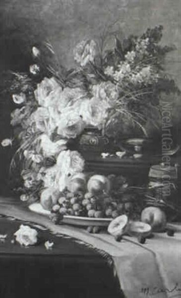 Still Life With Roses, Violets And Fruit On Table - view 1
