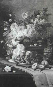 Still Life With Roses, Violets And Fruit On Table