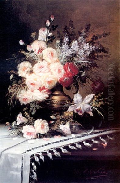 Still Life With Assorted Flowers In A Brass Vase - view 1