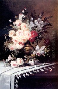 Still Life With Assorted Flowers In A Brass Vase by Modeste Carlier