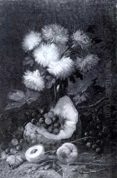 Still Life With A Vase Of Chrysanthemums And Cut Fruit - view 1