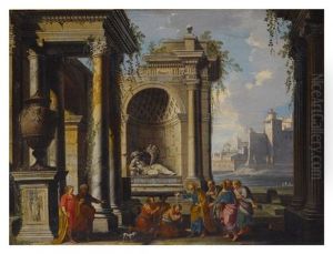 A Capriccio View With Classical Ruins And Saint Peter Possibly Baptizing The Centurion, Cornelius by Alberto Carlieri