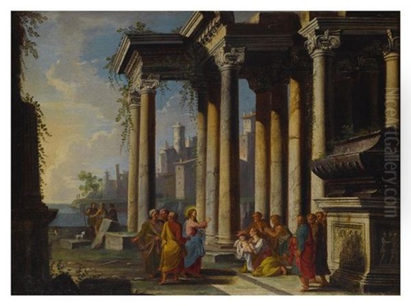 A Capriccio View With Classical Ruins And Christ Blessing A Mother And Child - view 1