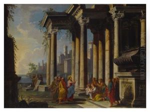 A Capriccio View With Classical Ruins And Christ Blessing A Mother And Child A Capriccio View With Classical Ruins And Christ Blessing A Mother And Child