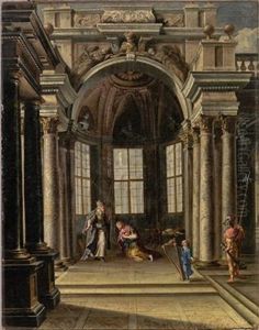 Architectural Interior With Nathan Admonishing King David by Alberto Carlieri