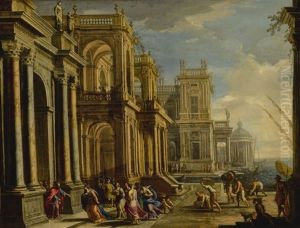 The Queen Of Sheba Visiting King Solomon In An Architectural Capriccio by Alberto Carlieri