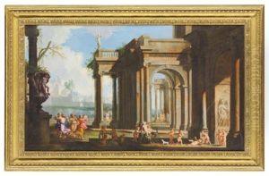 An Architectural Capriccio With A Bacchanale And Putti Beneath Columned Arches, A Town On A Shore Beyond An Architectural Capriccio With A Bacchanale And Putti Beneath Columned Arches, A Town On A Shore Beyond