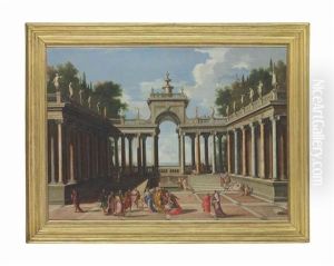 A Capriccio Of A Palace Courtyard With Christ Blessing The Children