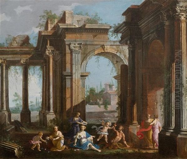 An Architectural Capriccio With Nymphs, A Satyr And Winged Putto - view 1