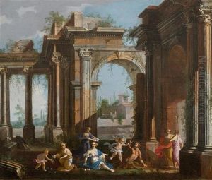 An Architectural Capriccio With Nymphs, A Satyr And Winged Putto