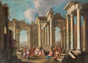 Capriccio Mit Klassischen Ruinen Und Einem Predigenden Apostel; Capriccio Mit Klassischen Ruinen Und Dem Taufenden Heiligen Petrus (pair) by Alberto Carlieri
