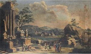 Le Christ Delivrant Deux Demoniaques Du Pays Des Gadareniens Devant Une Fontaine De Neptune