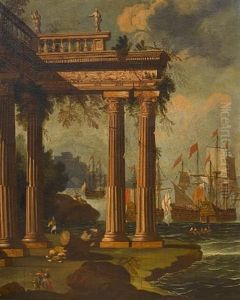 A Mediterranean Coastal Inlet With Ruins On The Shore, Shipping At Anchor Beyond (+ A Mediterranean Harbour With Figures On The Quayside; Pair)