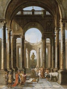 An Architectural Capriccio With Figures Making A Sacrifice by Alberto Carlieri