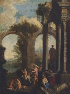 Paesaggio Con Rovine, Figure Classiche, E Putti Che Fan Bere Un Satiro by Alberto Carlieri