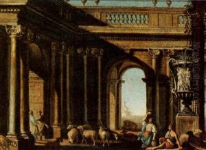 A Classical Building With Shepherds And Their Flock Of Sheep by Alberto Carlieri