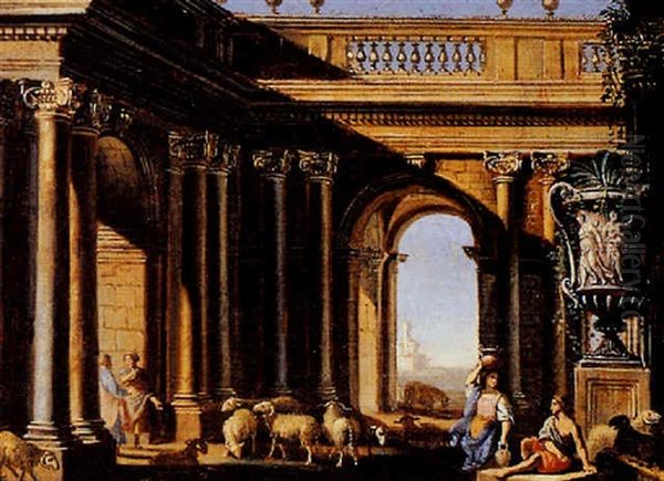 A Classical Building With Shepherds And Their Flock - view 1