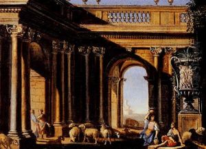 A Classical Building With Shepherds And Their Flock by Alberto Carlieri