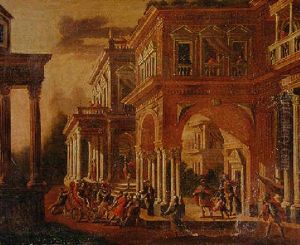 An Imaginary Palace With A Queen In A Chariot Being Presented To A King