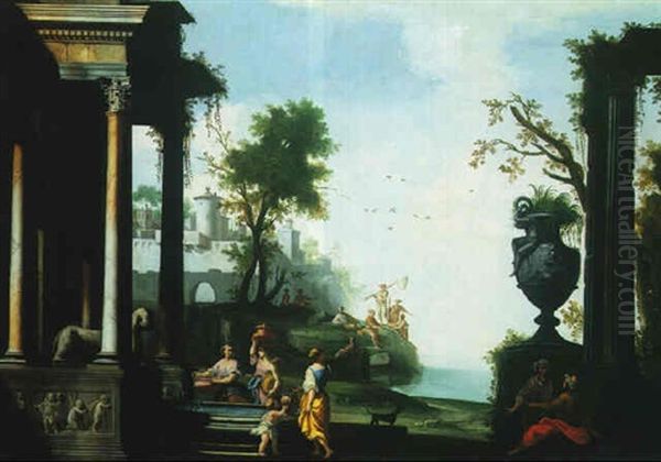 A Landscape With Figures Grouped Around A Fountain Beside Classical Ruins, And Fishermen Beyond - view 1