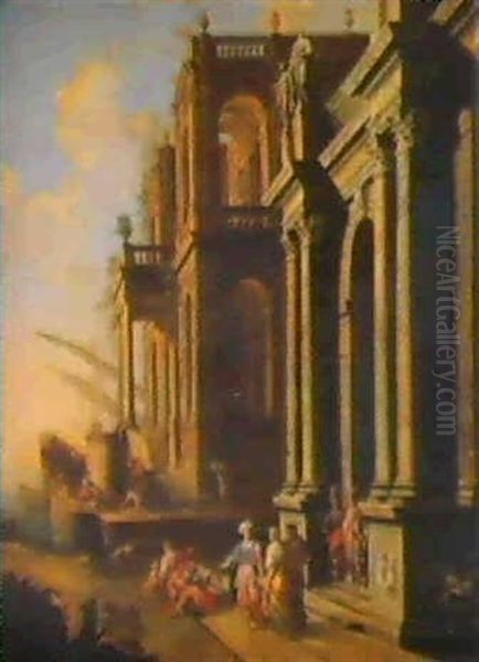 A Mediterranean Harbor With A Classical Palazzo And Figures - view 1