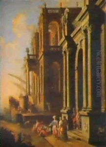 A Mediterranean Harbor With A Classical Palazzo And Figures by Alberto Carlieri