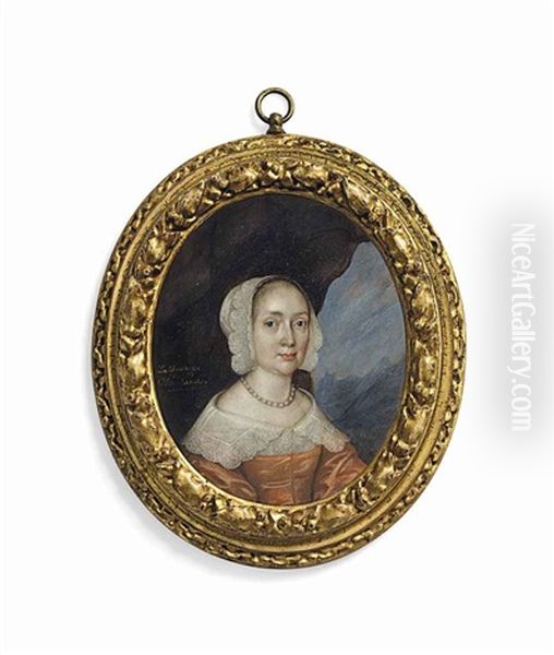 A Lady Traditionally Called Barbara Villiers, Duchess Of Cleveland (1640-1709), In Peach Dress With White Lace Collar, White Lace Cap, Pearl... - view 1
