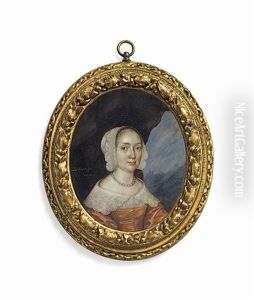 A Lady Traditionally Called Barbara Villiers, Duchess Of Cleveland (1640-1709), In Peach Dress With White Lace Collar, White Lace Cap, Pearl... by Joan Carlisle