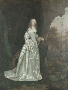 Portrait Of A Lady, Lady Anne Wentworth (?), Full-length, In A White Dress And A Purple Mantle, Before A Bank In A Wooded River Landscape by Joan Carlisle