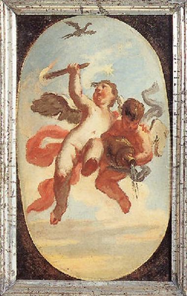 Two Putti Holding A Torch And Vase - view 1