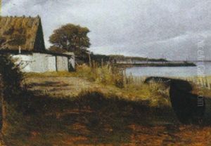 Kystparti Fra Hellenbaek, Med Hus Og Band Pa Stranden
