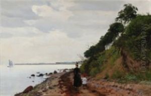 A Woman Taking A Little Child For A Stroll Along The Beach by Carl Carlsen