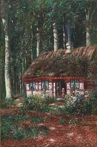 Forest Scene With Two Girls At A Thatched House - view 1