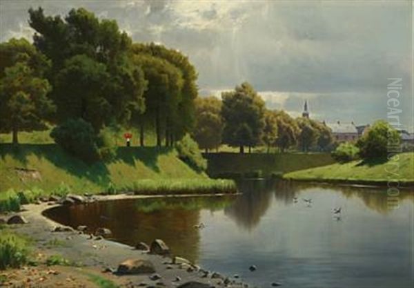 Danish Summer Landscape With Walking Woman Along Moat - view 1