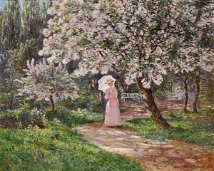 Dame I Lyserodt Staende Under Et Blomstrende Kirsebaertrae. I Baggrunden Er Hendes Veninder Pa Vej Vaek