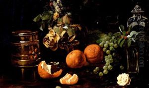 Opstilling Med Appelsiner, Druer, Blomster Og Forskellige Krukker by Carl Carlsen