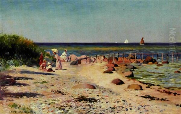 Elegante Unge Piger Og Born Pa Stranden - view 1