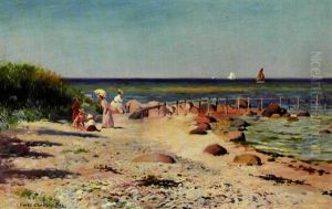 Elegante Unge Piger Og Born Pa Stranden by Carl Carlsen