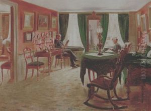 Dagligstueinterior Fra Gothersgade 13 Med Herre, Der Laeser Avis Og Dame, Der Laegger Kabale