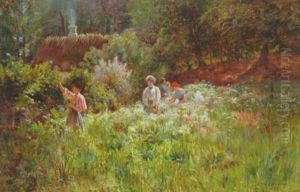 Sommerdag I Skoven Med Unge Piger, Der Plukker Blomster by Carl Carlsen