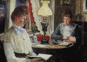 Interior Ved Lampelys Med To Kvinder, Der Laeser Og Broderer by Carl Carlsen