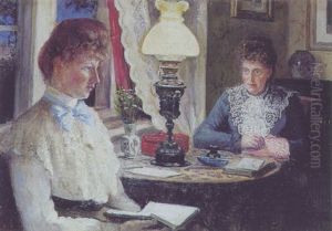 Interior Ved Lampelys Med To Damer, Der Laeser Og Broderer by Carl Carlsen