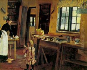 Interior Fra Et Kokken, En Lille Pige Viser Sin Mor En Dukke Interior Fra Et Kokken, En Lille Pige Viser Sin Mor En Dukke