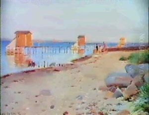 Strandparti Med Badehuse by Carl Carlsen