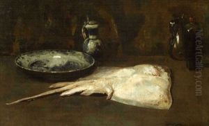 Still-life Of A Skate With Delft Dish, Pitcher And Glass Tablewares