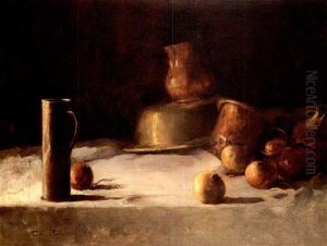Still Life With Brass And Copper Pots, Onions And An Apple On A White Cloth by Emil Carlsen