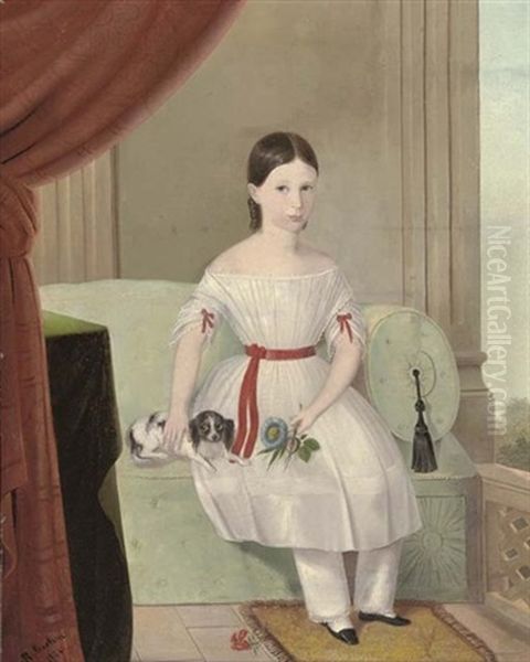 Portrait Of A Young Girl In A White Dress And Red Sash, A Spaniel To Her Side - view 1
